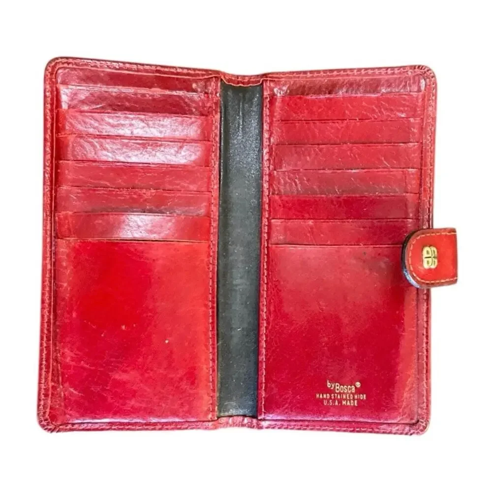 Vintage Bosca USA Made Hand Stained Hide Red Leather Checkbook Wallet Organizer